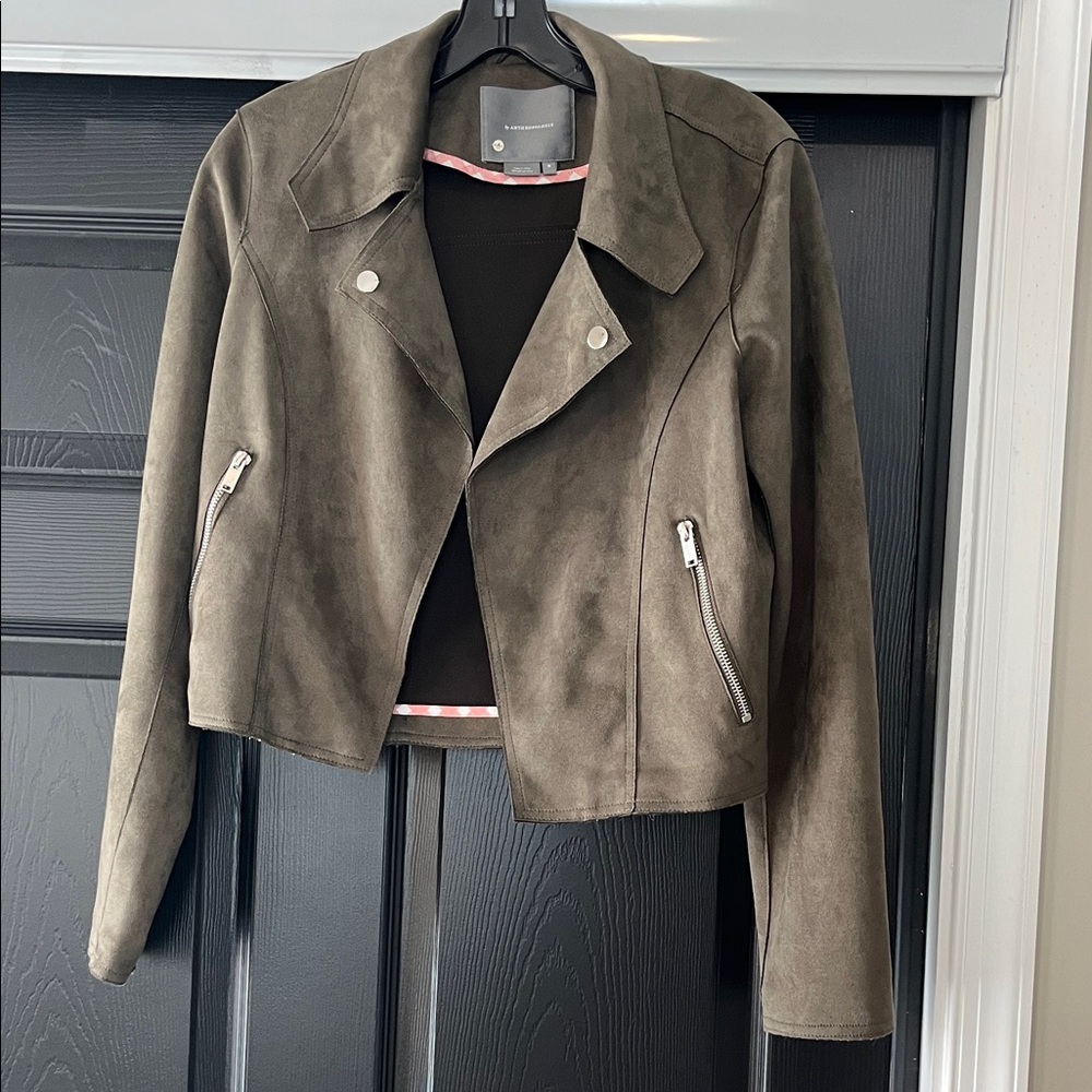 Anthropologie Olive Suede Jacket with Zipper Detailing